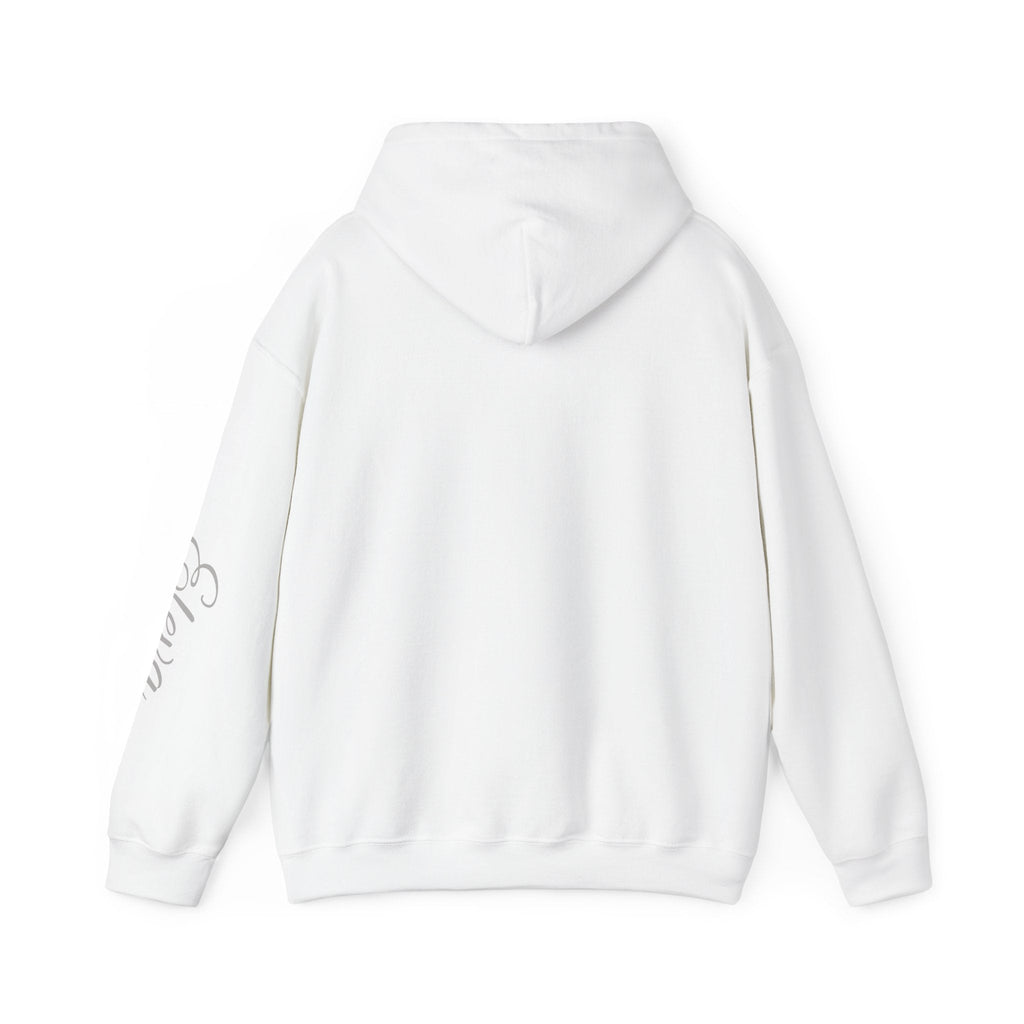 Minimal 'Eleva' Script Hoodie — White Sleeve Lettering - Raquel Teixeira