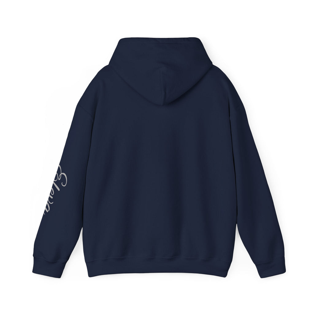 Minimal 'Eleva' Script Hoodie — White Sleeve Lettering - Raquel Teixeira