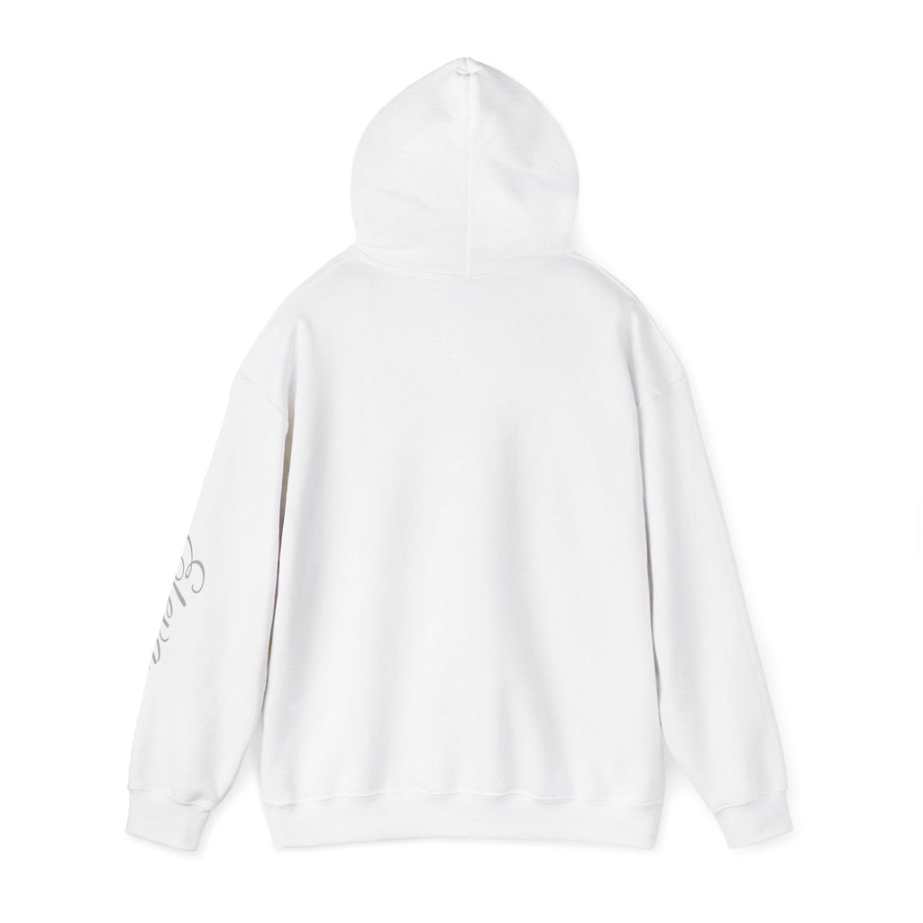 Minimal 'Eleva' Script Hoodie — White Sleeve Lettering - Raquel Teixeira